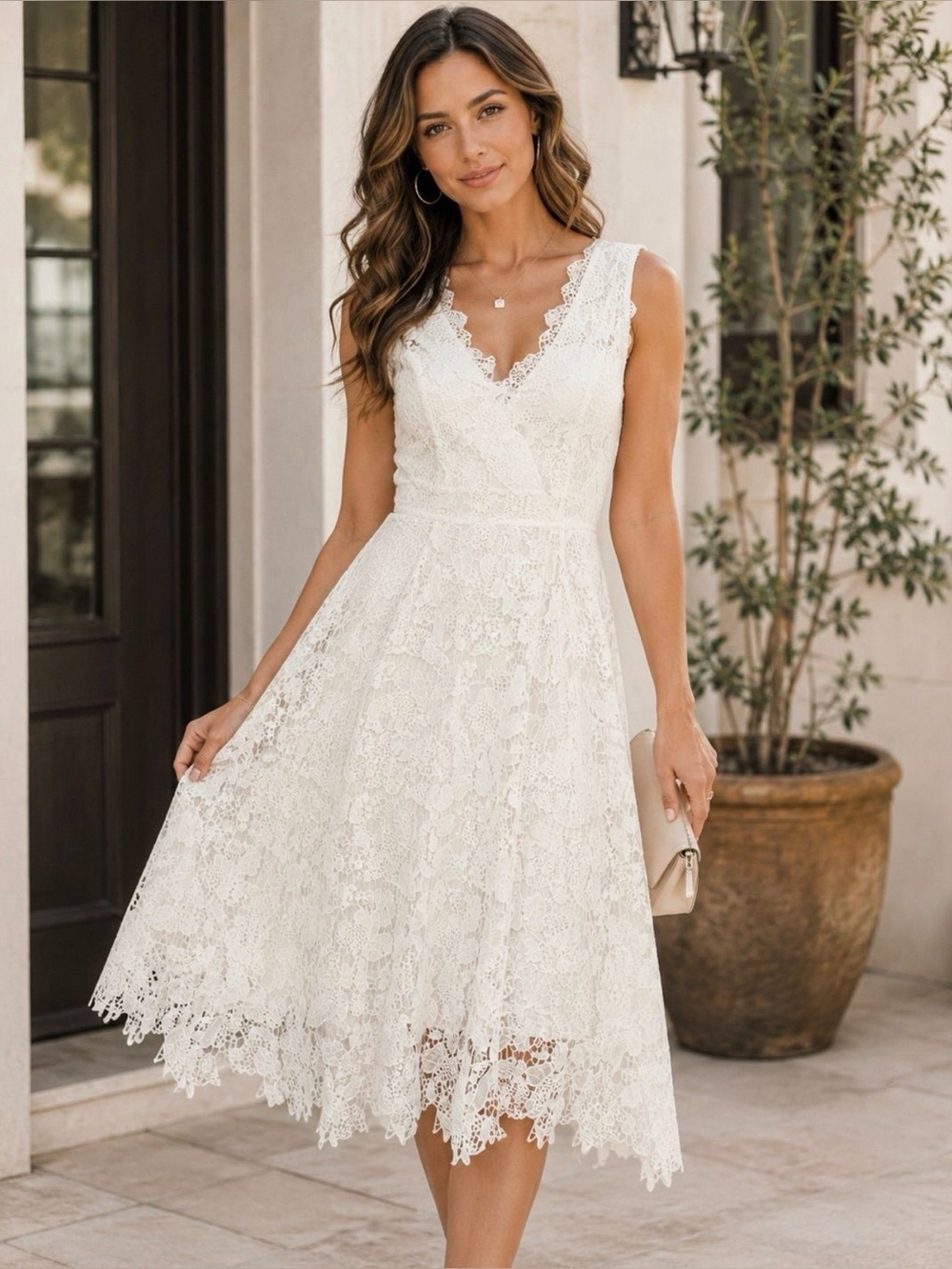 White Lace Midi Dress | Sleeveless Fit & Flare V-Neck Romantic Cottagecore Dress